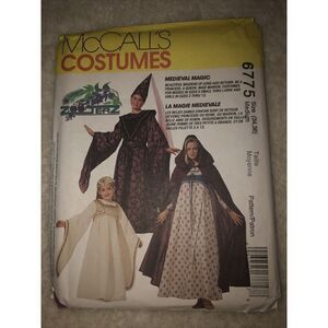 McCall’s 6775 Costumes Medieval Magic, New Uncut Pattern Size 34,36, Hat, Cape,